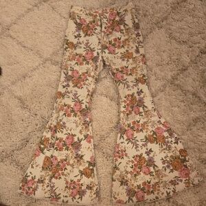 We The Free Cream Floral Flare Jeans with Pink & Brown Roses